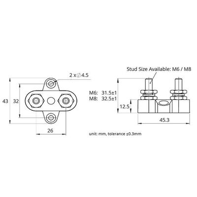 M6X31.5Mm Blk Twin Power Post 48V/100A S/S Stud & Washer Nylon & Fibreglass Base