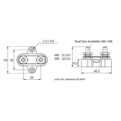 M6X31.5Mm Red Twin Power Post 48V/100A S/S Stud & Washer Tin Plated Brass Link