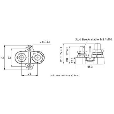 M8X32.5Mm Blk Twin Power Post 48V/200A S/S Stud & Washer With Separator