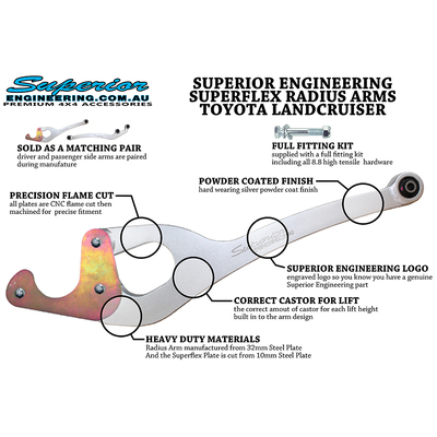 Superior Superflex Radius Arms To Suit Toyota LandCruiser 76/78/79 Series Pre July 2016 4 Inch (100mm) Castor Correction (Pair)