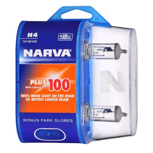 Narva H4 12V 60/55W Plus 100 Longer Life Halogen Headlight Globes (Bl2)