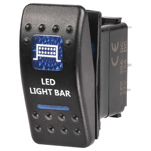 Narva 12 Volt Illuminated Off/On Sealed Rocker Switch With "LED Light Bar" Symbol (Blue)