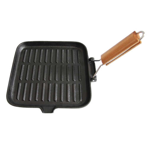 Wildtrak Cast Iron Griddle With Wood Folding Handle 24 X 24Cm