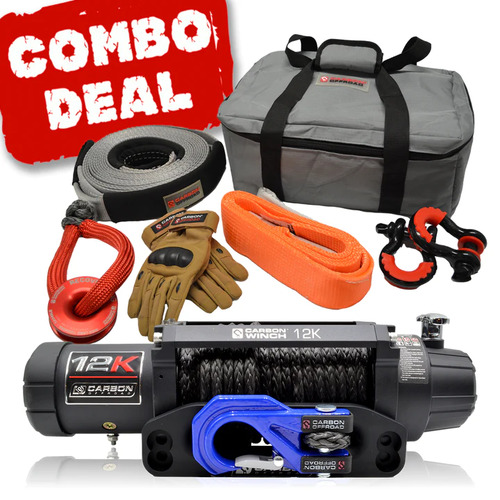 Carbon Offroad V.3 12000lb Winch Blue Hook and Recovery Combo Deal