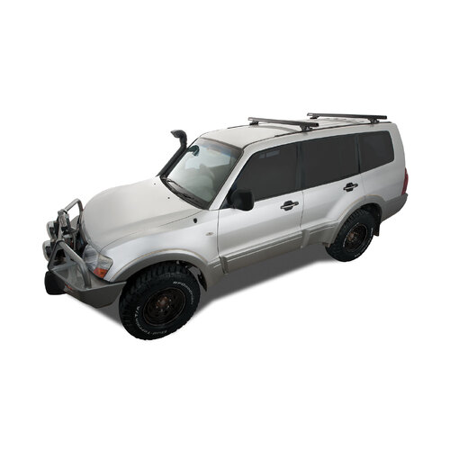 Rhino Rack Heavy Duty RLTP Trackmount Black 2 Bar Roof Rack to suit MITSUBISHI Pajero NM - NP 4dr 4WD LWB 00 to 06