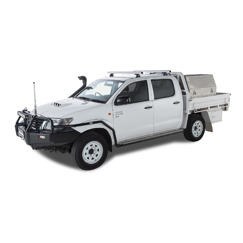 Rhino Rack Heavy Duty RLT600 Trackmount Silver 2 Bar Roof Rack to suit TOYOTA Hilux Gen 7 4dr Ute Dual Cab 05 to 15