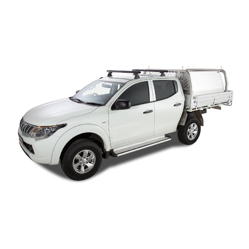 Rhino Rack Heavy Duty RLT600 Ditch Mount Black 2 Bar Roof Rack to suit MITSUBISHI Triton Gen5 MQ/MR 4dr Ute Double Cab 15 to 24