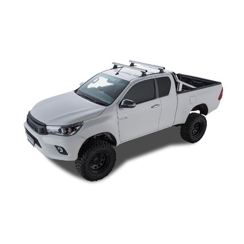 Rhino Rack Heavy Duty RLT600 Trackmount Silver 2 Bar Roof Rack to suit TOYOTA Hilux Gen 8 2dr Ute Extra Cab 15 to 20