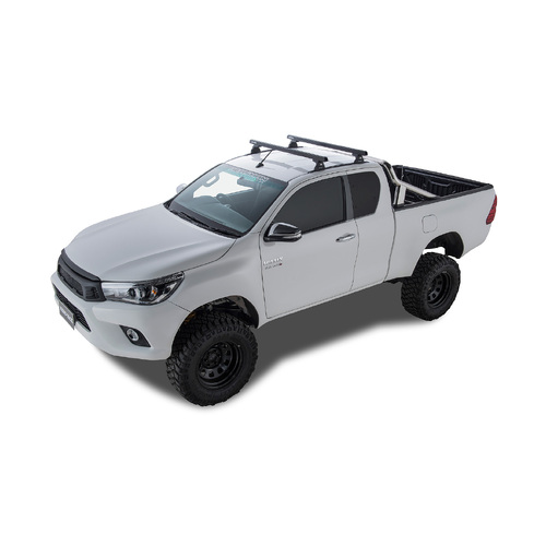 Rhino Rack Heavy Duty RLT600 Trackmount Black 2 Bar Roof Rack to suit TOYOTA Hilux Gen 8 2dr Ute Extra Cab 15 to 20