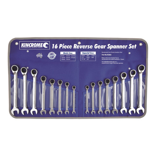 Kincrome Reversible Gear Spanner Set 16 Piece - Metric/Imperial