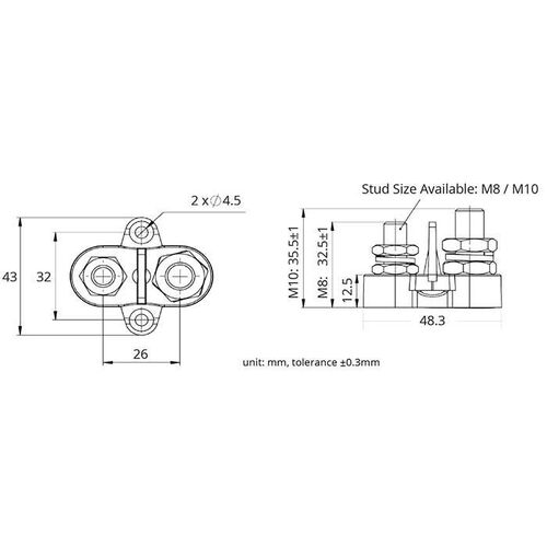 M8X32.5Mm Red Twin Power Post 48V/200A S/S Stud & Washer With Separator